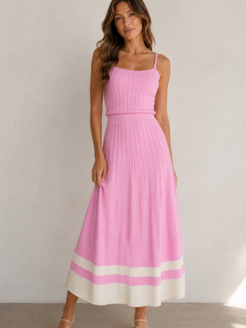 NEW Varsity Stripe Viscose Blend Pink Rib Knit Maxi Dress Contrast Hem XL NWT